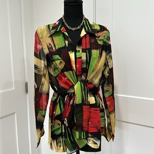 Vintage 90s Sheer Abstract Brushstroke Blouse | Wearable Art Tie-Front Top